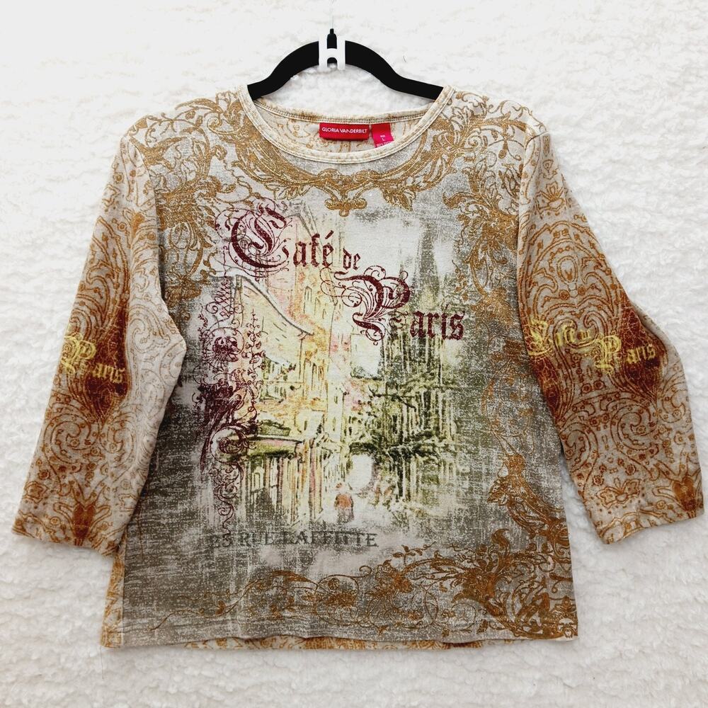 T-Shirt Women Café de Paris Graphic Metallic Romantic Vintage European Chic Sz L